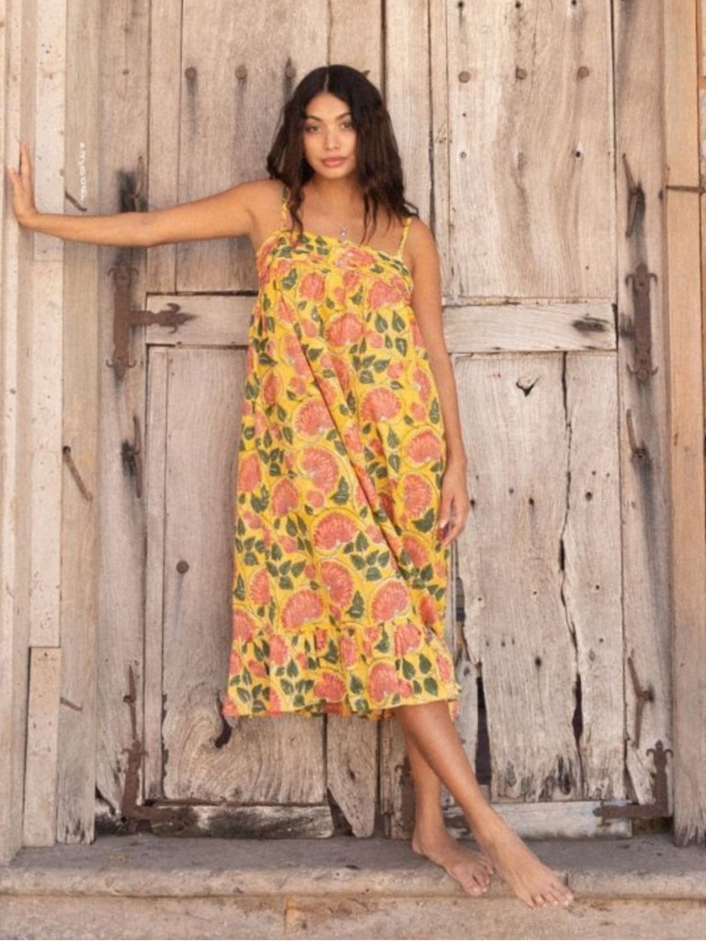 Yellow Floral Maxi Sundress with Pink Bloom Print